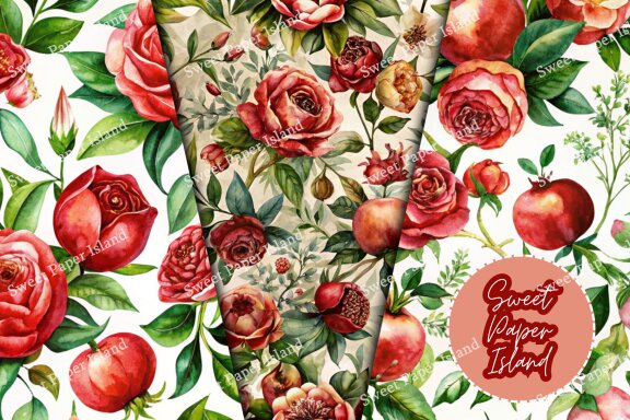 Pack Of 6 Digital Papers - The Garden Of The Red Juiciness In Watercolor