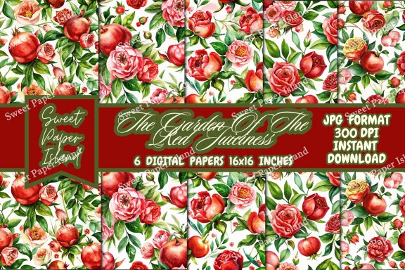 Pack Of 6 Digital Papers - The Garden Of The Red Juiciness In Watercolor