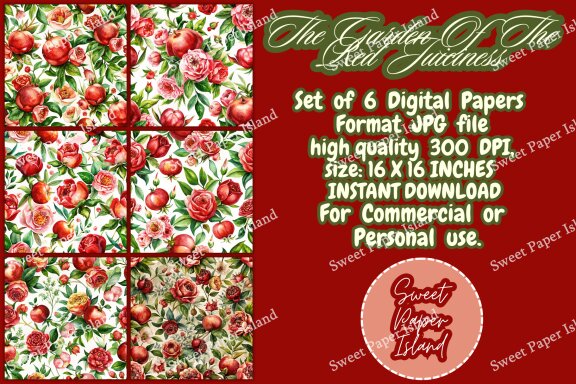 Pack Of 6 Digital Papers - The Garden Of The Red Juiciness In Watercolor