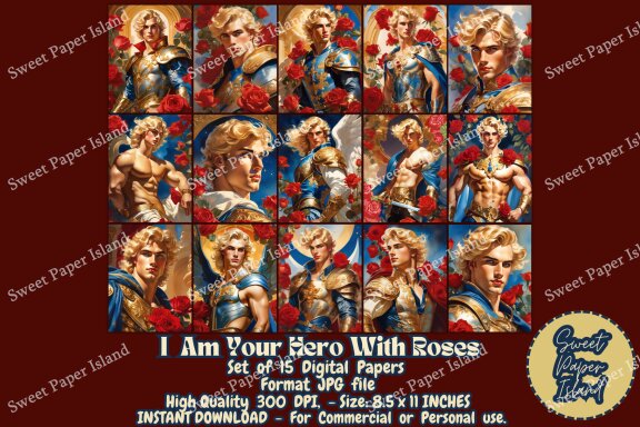 Mega Pack Of 15 Digital Papers - I Am Your Hero With Roses In Watercolor