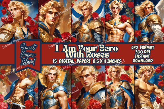 Mega Pack Of 15 Digital Papers - I Am Your Hero With Roses In Watercolor
