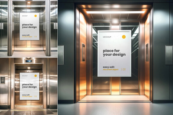 Metallic Elevator Poster Frame Image Mockups