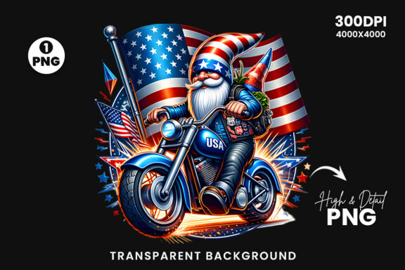 4th July Gnome biker Clipart, Patriotic Gnome sublimation