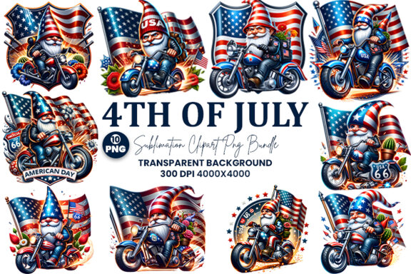 4th July Gnome biker Clipart, Patriotic Gnome sublimation