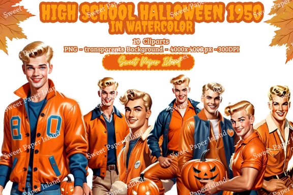 Pack Of 10 Cliparts - High School Halloween 1950s In Watercolor