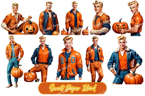 Pack Of 10 Cliparts - High School Halloween 1950s In Watercolor