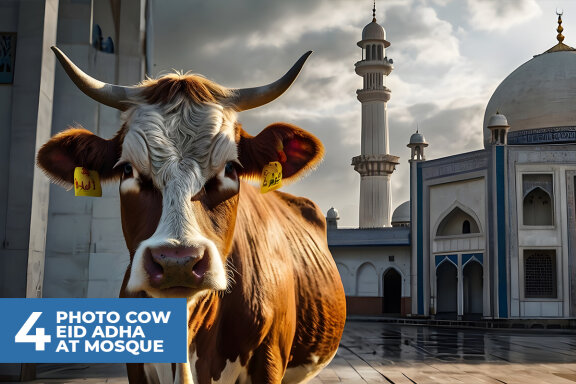 4 Photo Cow Eid Adha at Mosque Stock Images