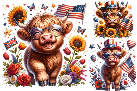 4th July Patriotic Highland Cow, Sublimation Clipart Bundle