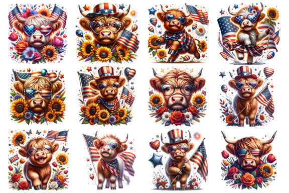 4th July Patriotic Highland Cow, Sublimation Clipart Bundle