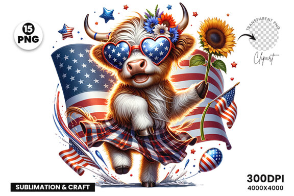 4th July Patriotic Highland Cow, Sublimation Clipart Bundle