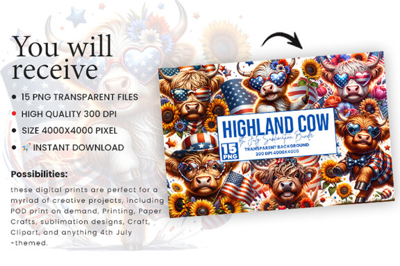 4th July Patriotic Highland Cow, Sublimation Clipart Bundle