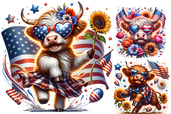 4th July Patriotic Highland Cow, Sublimation Clipart Bundle