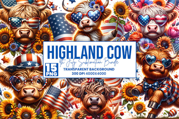4th July Patriotic Highland Cow, Sublimation Clipart Bundle