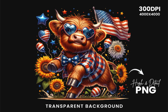 4th July Patriotic Highland Cow, Sublimation Clipart Bundle