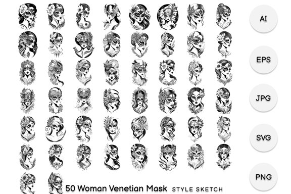 Woman Venetian Mask Element Draw Black