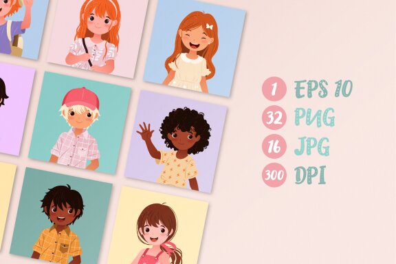 16 Diverse Kids Vector Avatars Set