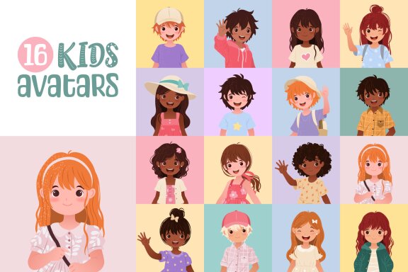 16 Diverse Kids Vector Avatars Set