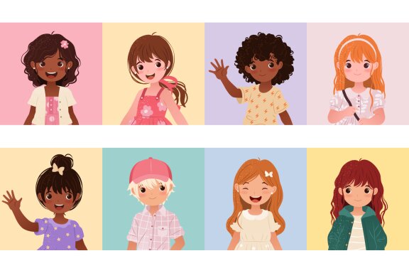 16 Diverse Kids Vector Avatars Set