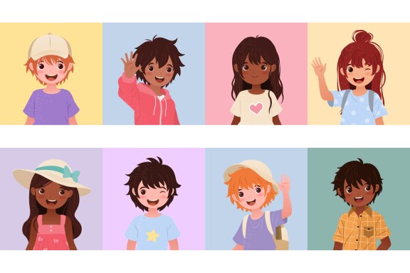 16 Diverse Kids Vector Avatars Set