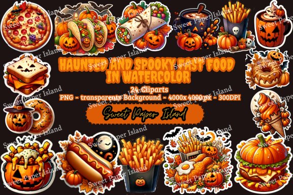 Pack Of 24 Clipart - Haunted And Spooky Fast Food In Watercolor