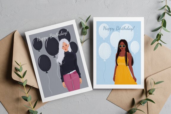 5 Vector Birthday Cards & 2 Posters with Women