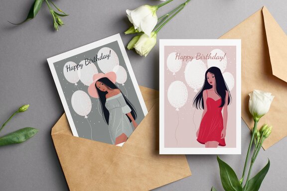 5 Vector Birthday Cards & 2 Posters with Women