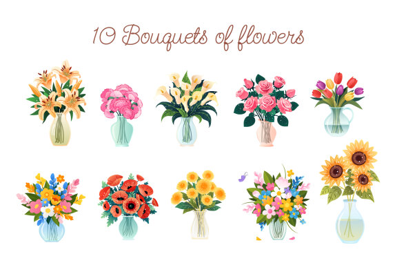 10 Cartoon Flower Bouquets Set