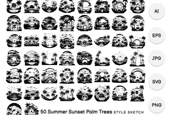 Summer Sunset Palm Trees Element Black