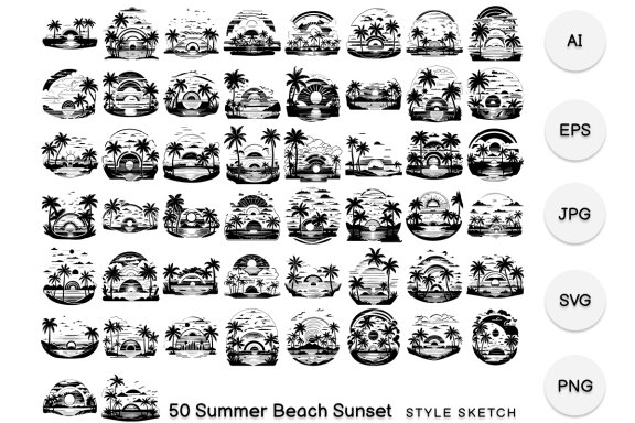 Summer Beach Sunset Element Draw Black
