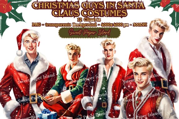 Pack Of 12 Clipart - Christmas Boys In Santa Claus Costumes