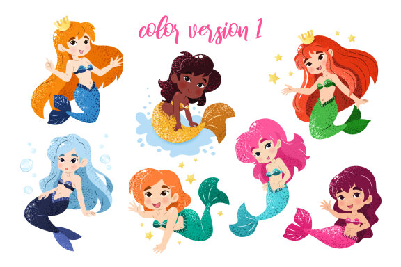 21 Cartoon Mermaids Clipart Set