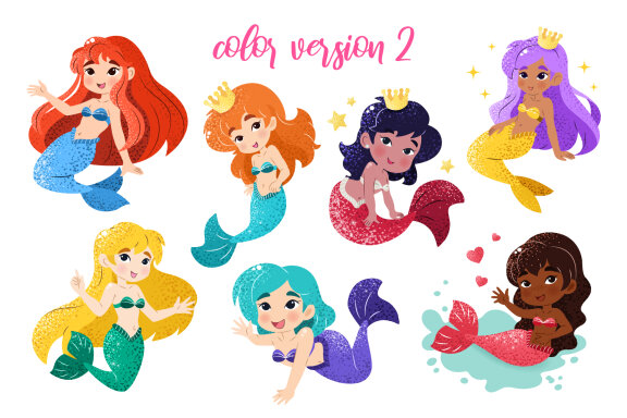 21 Cartoon Mermaids Clipart Set
