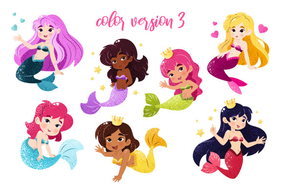 21 Cartoon Mermaids Clipart Set