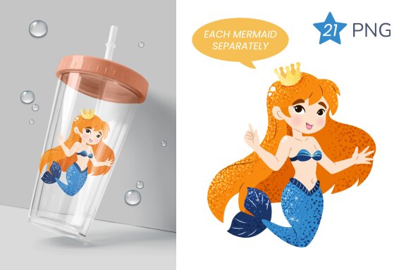 21 Cartoon Mermaids Clipart Set