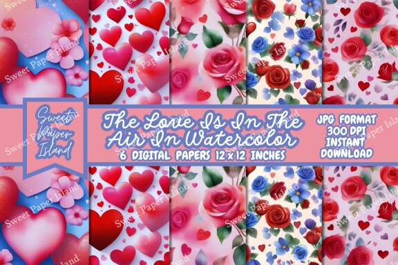 Pack Of 6 Digital Papers - The Love Is In The Air In Watercolor