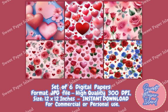 Pack Of 6 Digital Papers - The Love Is In The Air In Watercolor