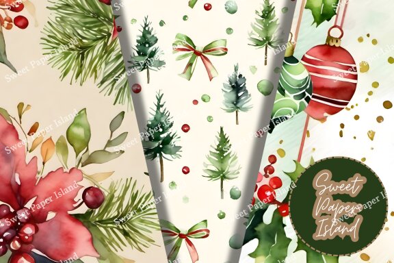 Pack Of 6 Digital Papers -  Christmas Fever In Watercolor
