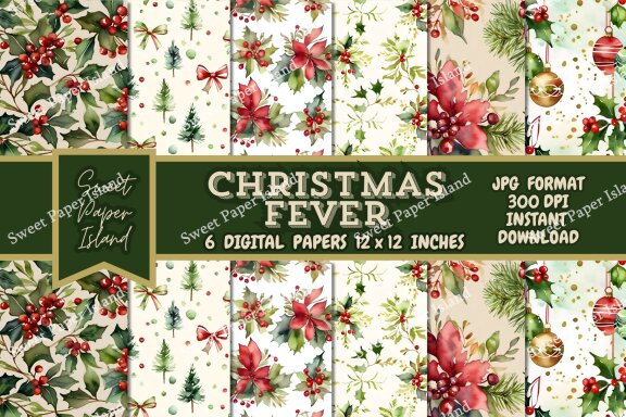 Pack Of 6 Digital Papers -  Christmas Fever In Watercolor