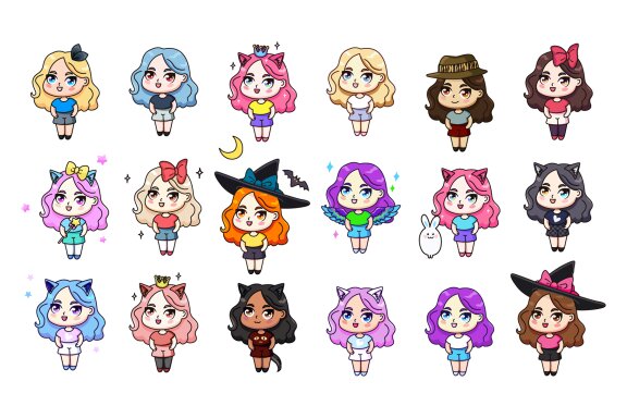 Set of 18 Chibi Girls Vector Clipart