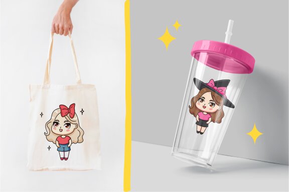 Set of 18 Chibi Girls Vector Clipart