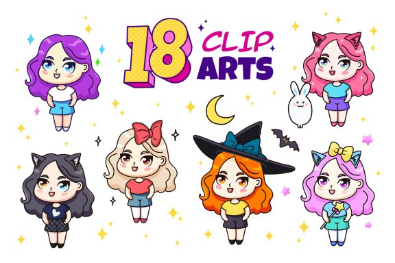 Set of 18 Chibi Girls Vector Clipart