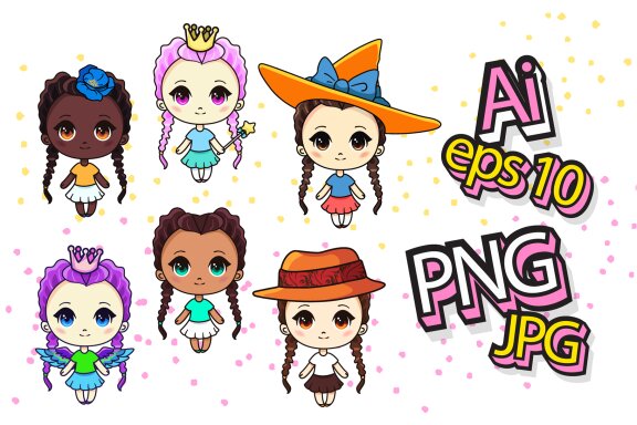 Set of 19 Chibi Girls Vector Clipart
