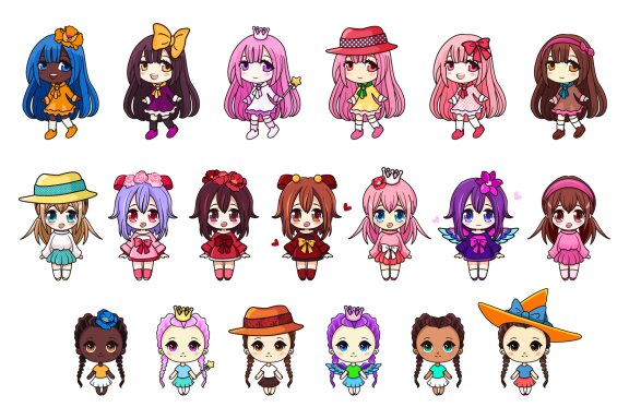 Set of 19 Chibi Girls Vector Clipart