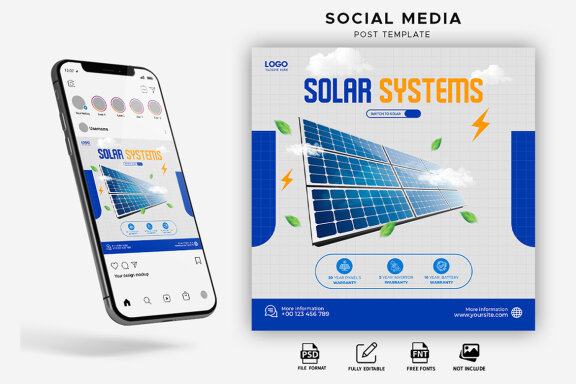 Renewable and clean solar energy social media ad post template design
