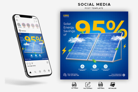Solar energy panels social media post design template