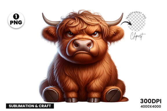 Funny Grumpy Highland Cow Clipart | Sublimation Clipart PNG