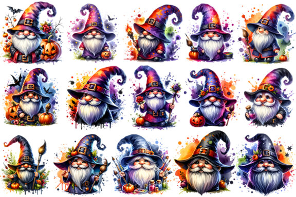 Watercolor Halloween Gnome PNG Clipart , Halloween Sublimation Clipart PNG Bundle