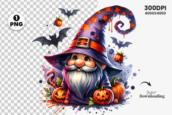 Watercolor Halloween Gnome PNG Clipart , Halloween Sublimation Clipart PNG Bundle