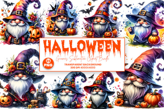 Watercolor Halloween Gnome PNG Clipart , Halloween Sublimation Clipart PNG Bundle