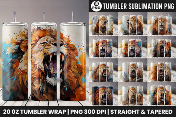 Aggressive King Lion Tumbler Wrap PNG | Tumbler Wrap Sublimation Bundle